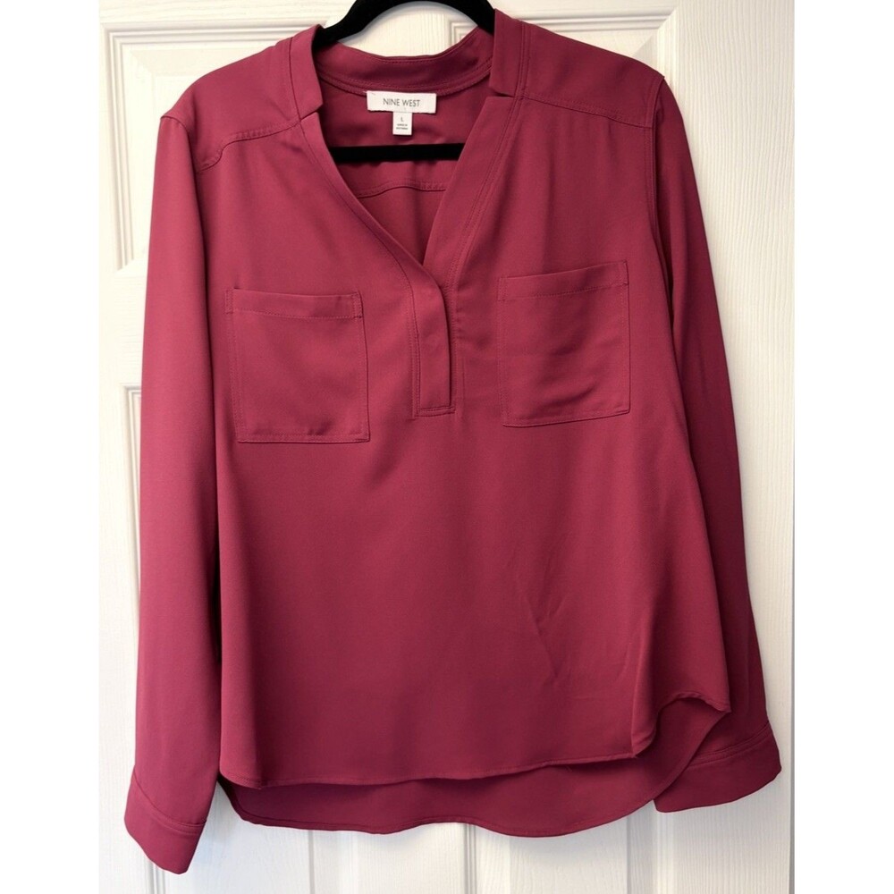 Women's Nine West NWT Size Large Pull-Over Blouse Hi-Lo Long Sleeve V-Neck